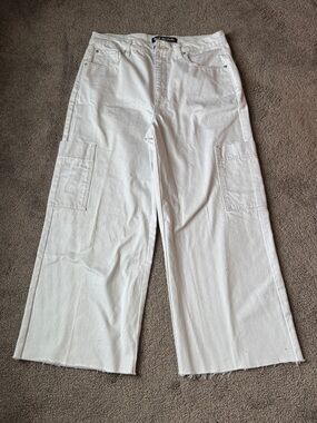 Blue Revival White Cropped Wide Leg Cargo Jeans Raw Hem High Rise SIZE 29